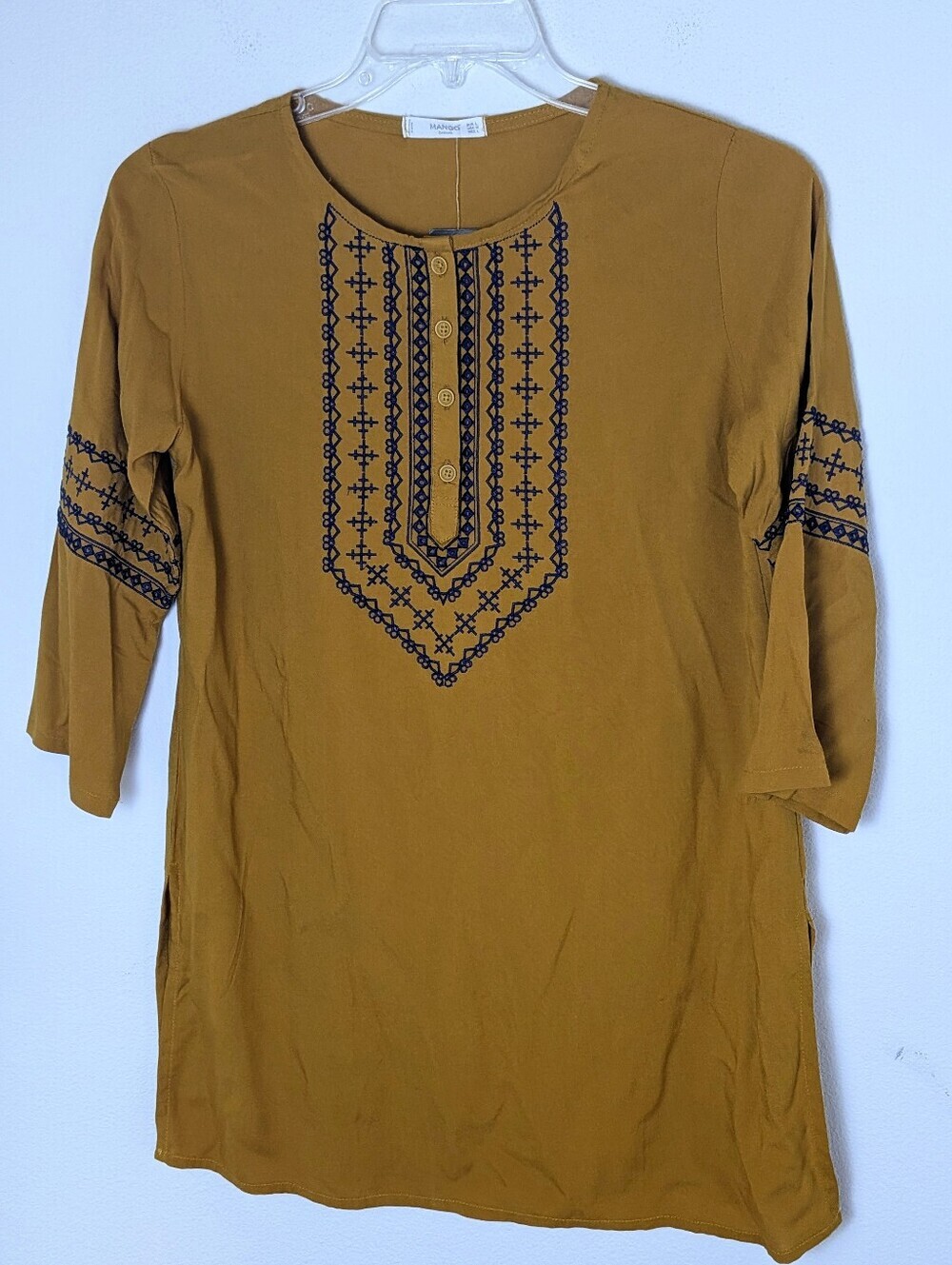 Mango Mustard Yellow Embroidered Kurta Kurti Tunic Boho Indian Size L Hippie New